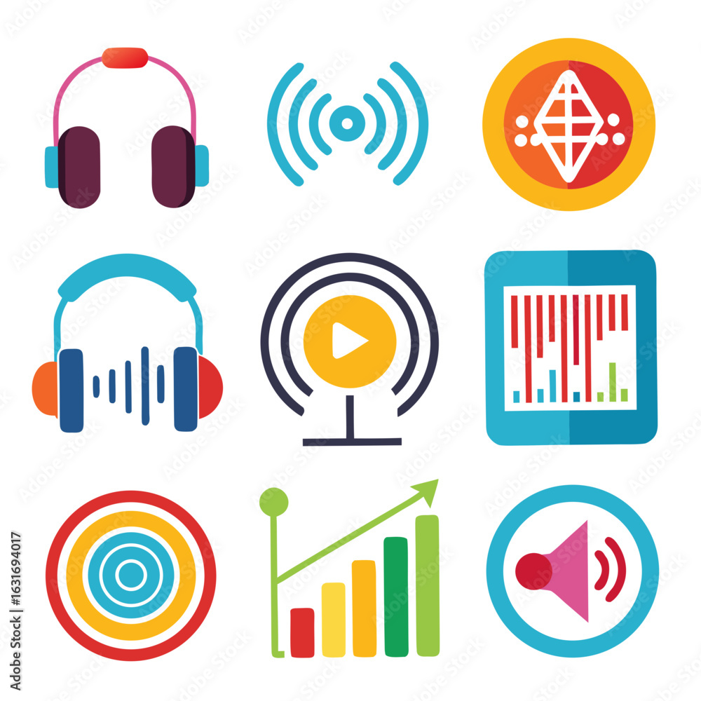 Poster collection of nine colorful flat icons representing audio broadcasting data and growth concepts