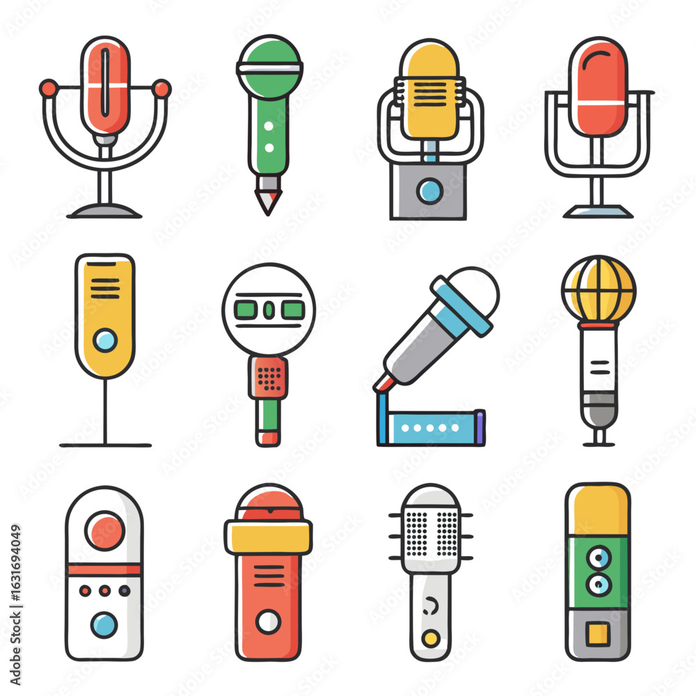 Poster collection of stylized flat design microphones in various shapes and colors for audio recording and 