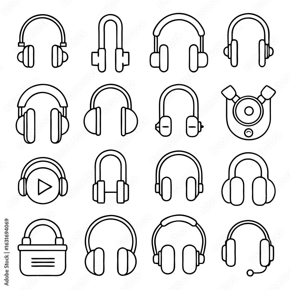 Poster collection of various black outline headphone icons representing different styles and functions