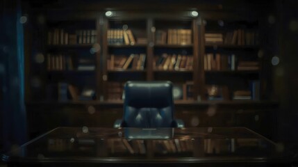 Blurred office background with soft light and reflection on the table. Wooden surfaces and leather chair, books create an atmosphere of coziness and mystery. Retro and minimalist atmosphere.