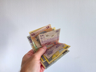 Romanian lei bank notes held in hand against a white background