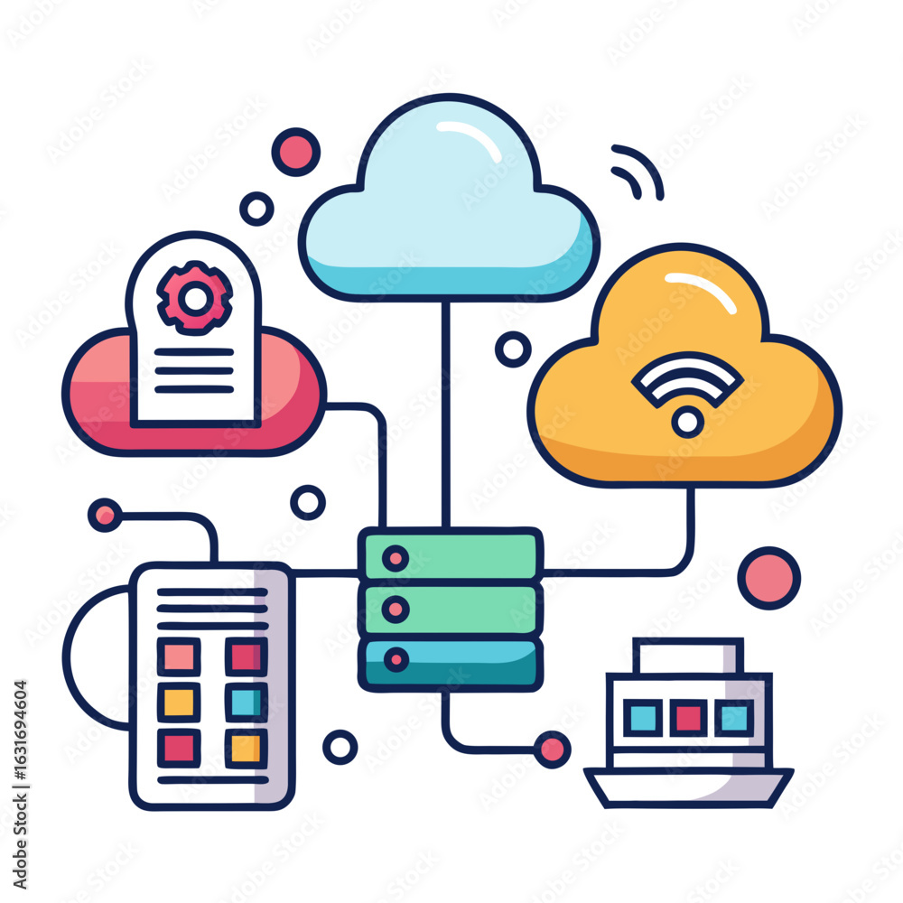 Poster abstract illustration of interconnected cloud services servers and devices representing digital conn