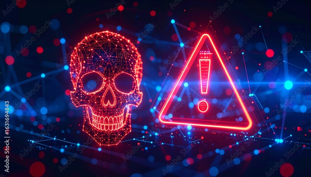 Poster a skull and an exclamation point symbolizing a security threat. the skull and the attention icon is 