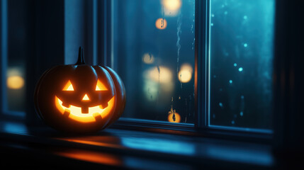 Glowing halloween pumpkin lantern on a wet window sill with rain outside at night. Spooky fall decoration for holiday.