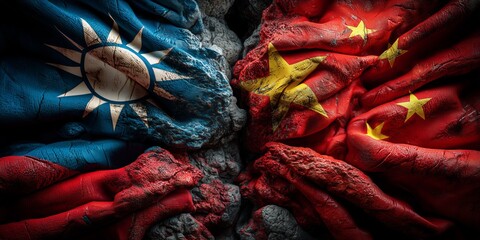 flags of Taiwan and China, symbolizing political tensions. The flags appear worn and tattered, suggesting conflict or distress.