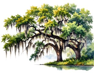 Lush, green oak tree draped with Spanish moss overhangs a tranquil body of water
