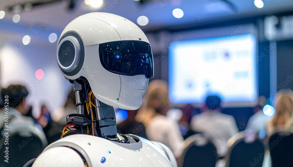 Poster an advanced humanoid robot observing a conference. the robot's design is futuristic. it is in a busi
