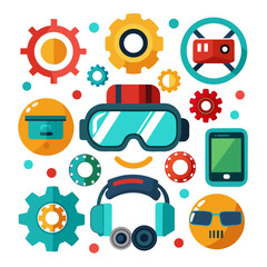 Virtual reality and gaming technology icons featuring vr headsets headphones and gears