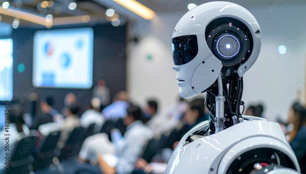 Poster a futuristic robot observing a conference. the robot appears to be a participant or observer of the 