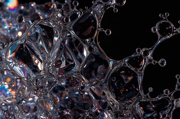 Microscopic Soap Bubbles Close-Up: Abstract Liquid Water Reflections and Colorful Patterns in Fluid Dynamics with Light on Black Background