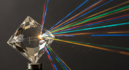 A faceted crystal prism disperses a bright light beam into a colorful spectrum of refracted rays against a dark background.