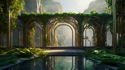3D concept of a nature temple reimagined as a futuristic structure — vines covering polished metal arches, glowing glyphs, and hovering flora