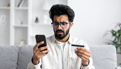 A confused individual looking at his credit card and smartphone. This image captures a moment of frustration and potential financial worry.