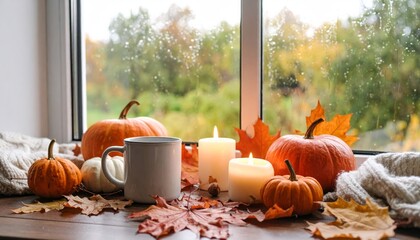 Autumn still life with Halloween pumpkins, candles, and fall leaves