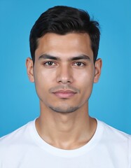 Obraz premium Formal portrait of a young man for identification or professional use. Clean headshot against a solid blue background. Suitable for ID cards, passports, employee badges, or resumes.