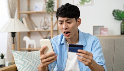 A surprised man is holding a credit card and a smartphone
