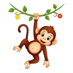 Fototapeta premium Cartoon monkey hanging from a vine with leaves and flowers, smiling.