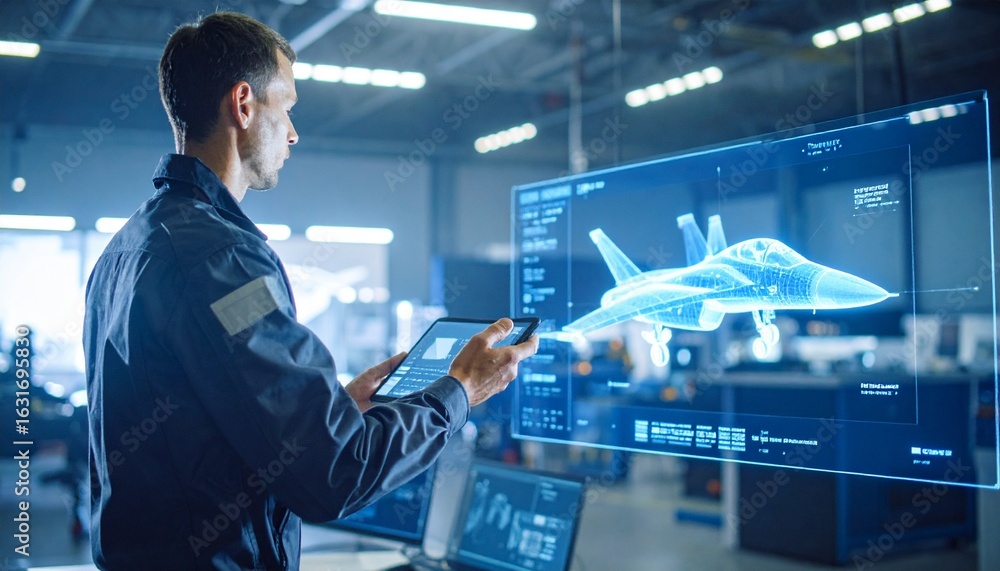 Poster aviation engineer working on a modern jet plane design using an advanced holographic display system,