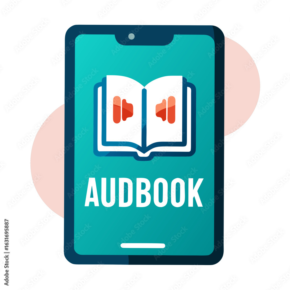 Poster digital audiobook app icon on a smartphone screen with playback controls and soft circles