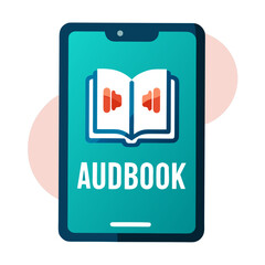 Digital audiobook app icon on a smartphone screen with playback controls and soft circles