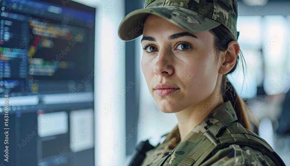 Poster focused portrait of a woman in military uniform, possibly a programmer, looking intently at the came