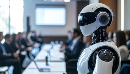 A futuristic robot observing a business meeting, with people in the background. This image evokes the rise of AI and its role in future work settings.