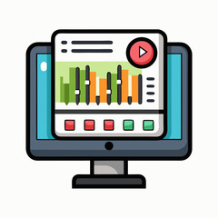 Computer monitor displaying audio mixer controls and playback interface with sound waves