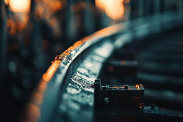 Abstract close-up of railroad tracks with orange bokeh in the background