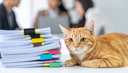 A curious cat rests beside a stack of documents during a meeting in an office. A stack of papers with color-coded labels rests, while other people engage in a discussion