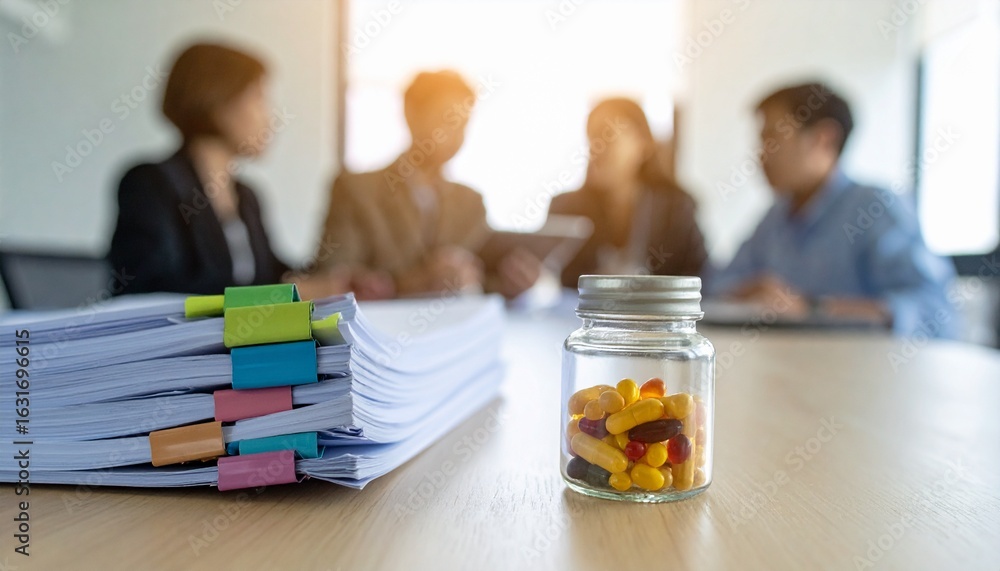 Poster a collection of documents and medication are on a meeting table, while a team has a meeting in the b