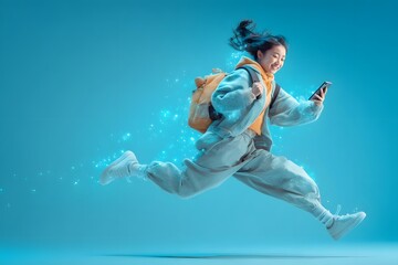 Obraz premium A girl in casual clothes runs with a backpack, holding a phone, in bright blue light.