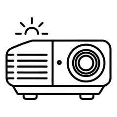 A simple black and white line art icon of a projector emitting light for presentations or entertainment