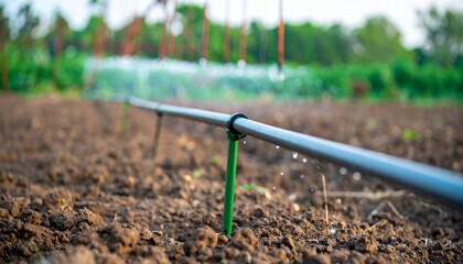 Fototapeta premium Drip Irrigation System on Farmland: This image features a close-up view of a drip irrigation system efficiently watering the soil on a farmland.