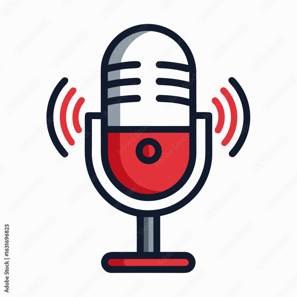 Poster modern flat design microphone icon with sound waves emitting for audio recording and broadcasting