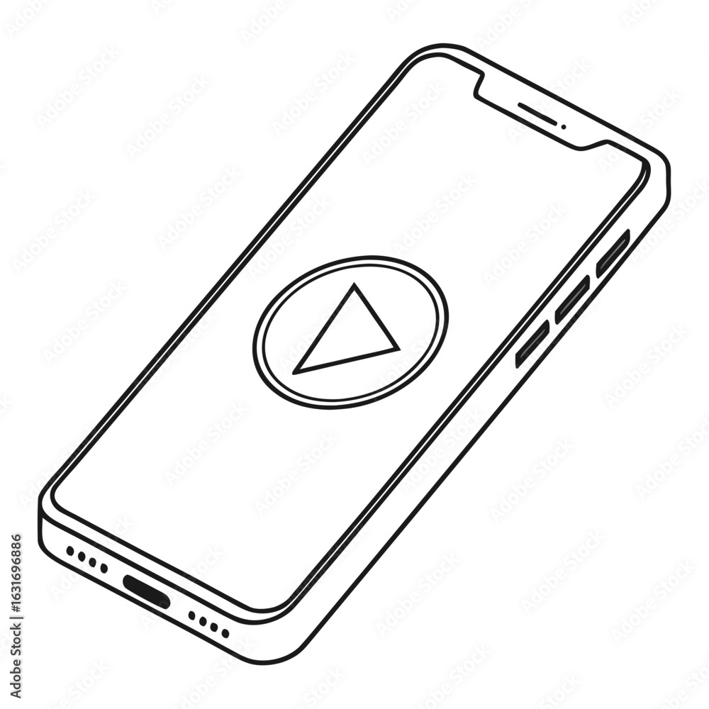 Poster modern smartphone with a prominent play button icon displayed on its screen in a clean line art styl