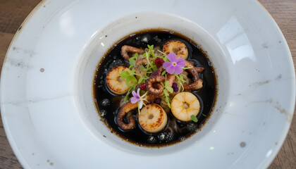 Gourmet Black Ink Ramen with Grilled Octopus, Shrimp, Scallops, Edible Flowers and Microgreens – Fine Dining Asian Fusion