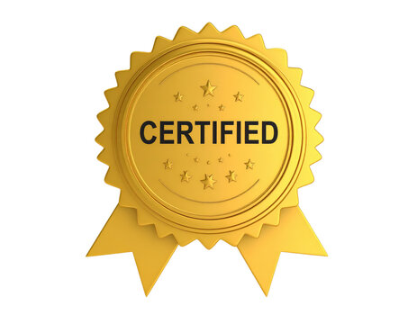 A shiny gold certified seal with a starburst edge embossed stars and ribbons.