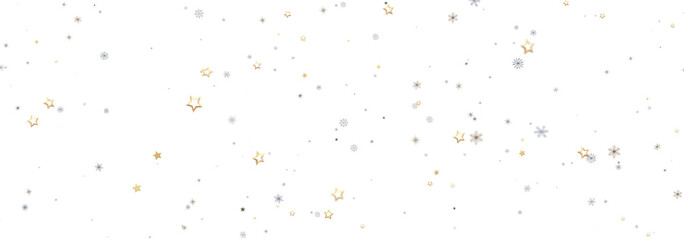 Festive winter background with gold and silver stars and snowflakes. Perfect for holidays.