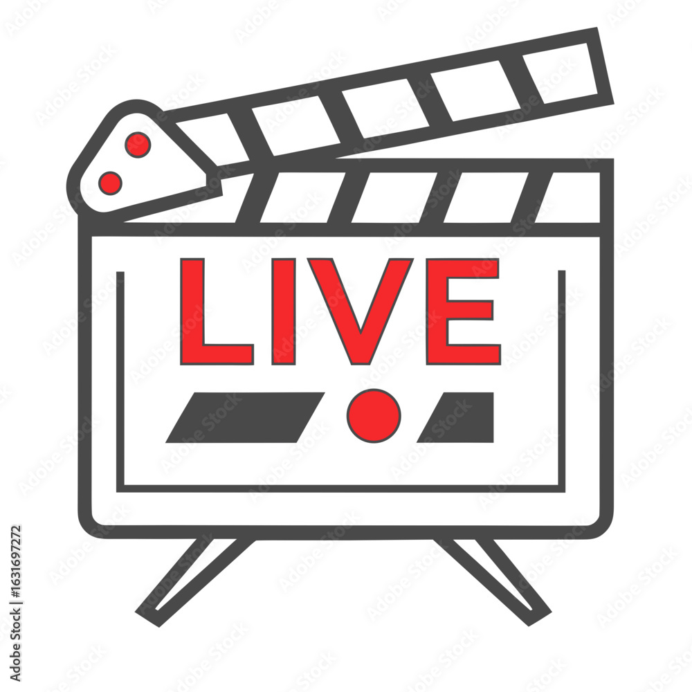 Poster classic film clapperboard with live text and recording indicator symbolizing live broadcast