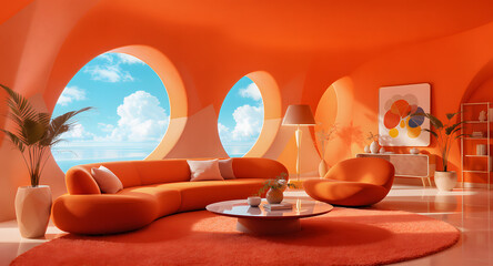 Modern orange interior design with ocean view