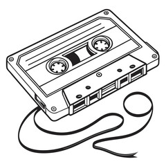 Classic cassette tape with spooled magnetic tape unfurled in a stylized line art illustration