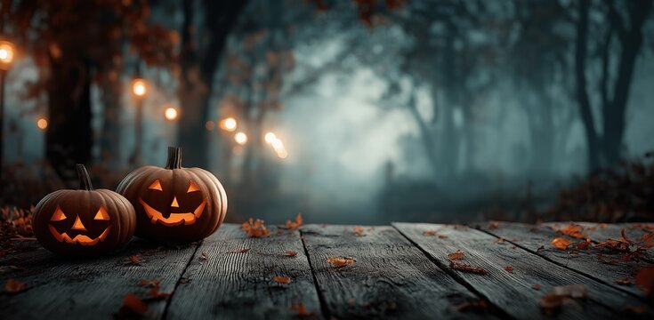 Halloween Social Media Post Template - Spooky Pumpkins on Wooden Table with Eerie Forest Background at Dusk for Festive Design