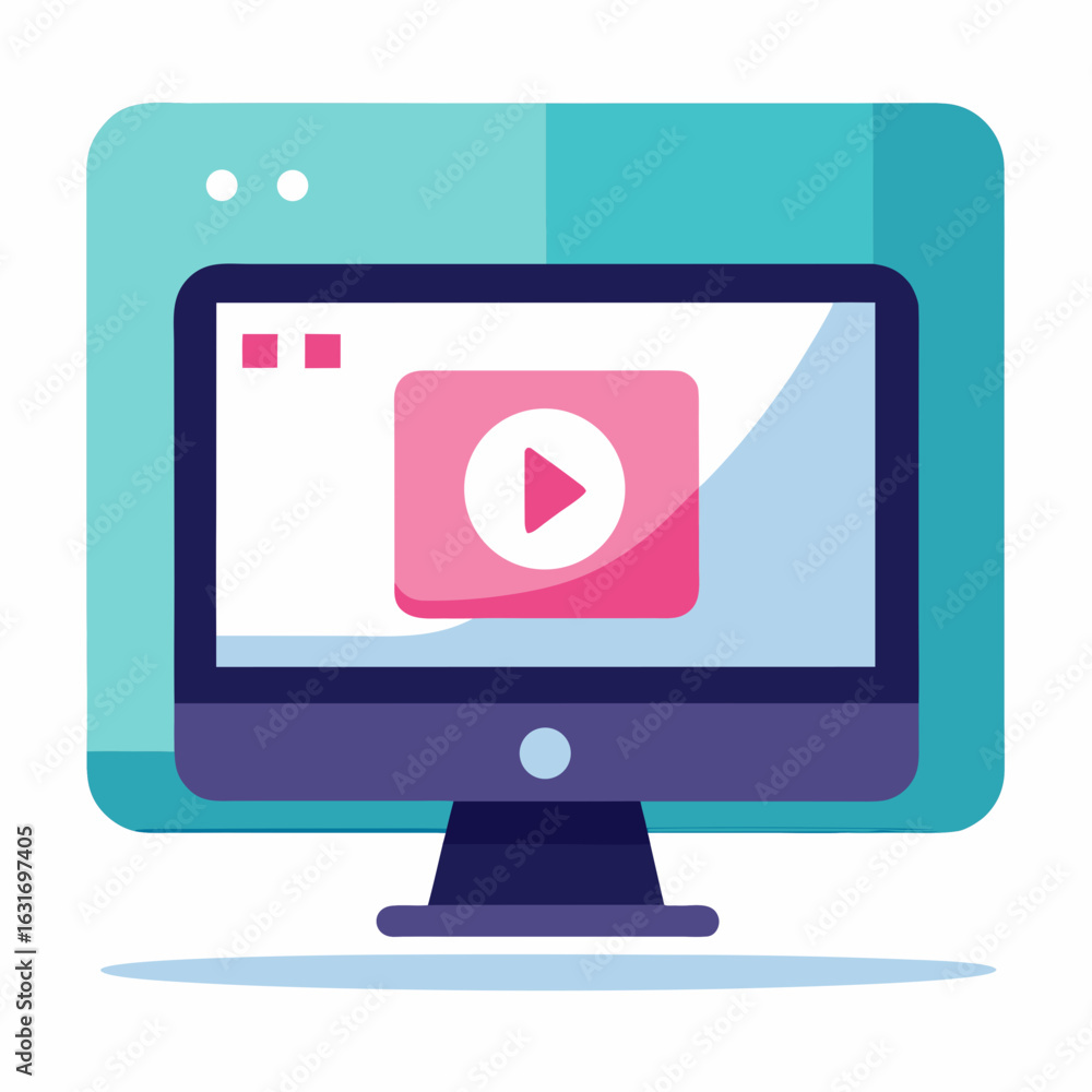 Poster modern computer displaying a play button icon for online video content and streaming services