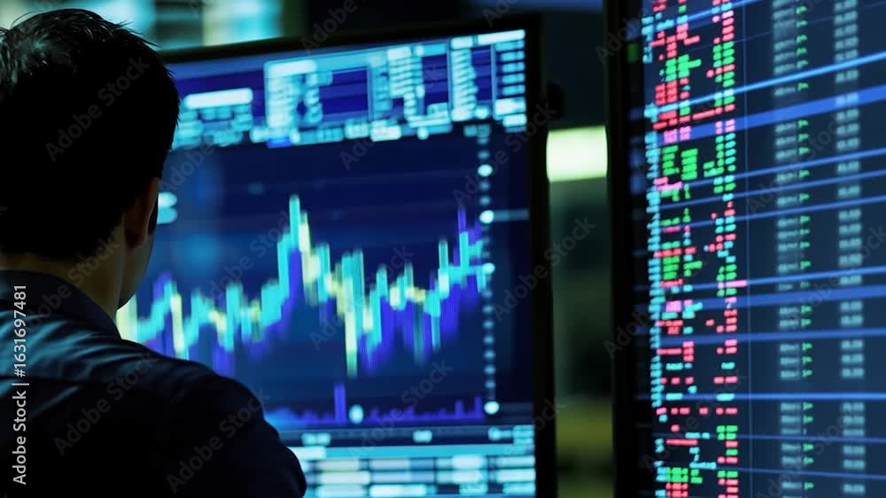 Poster person looking at financial data on multiple computer screens