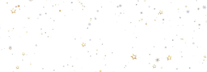 Winter holiday background with gold and silver stars and snowflakes falling on white.