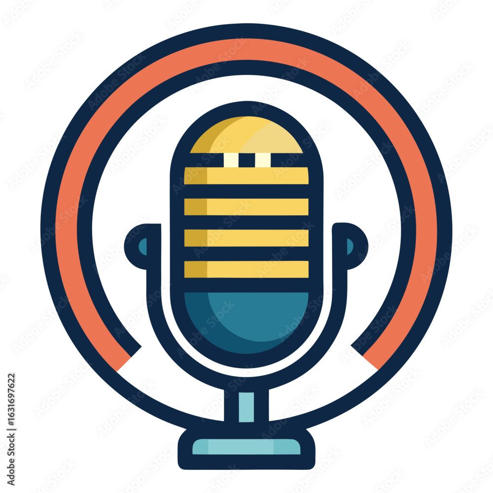 Poster stylized vintage microphone icon with circular frame for audio recording and broadcasting