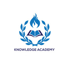 Blue and white academic logo; book, flame, and laurel wreath; knowledge, education, success.