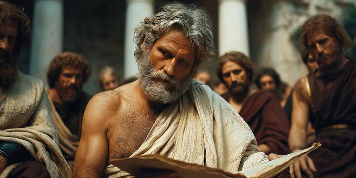 Philosopher teaches a group during ancient assembly in outdoor setting at midday