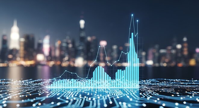 Futuristic data visualization with glowing chart over blurred cityscape