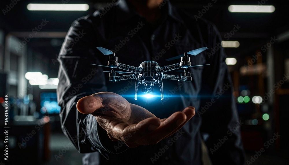Poster a drone hovering in a person's hand, showcasing technological innovation and advancements in the fie
